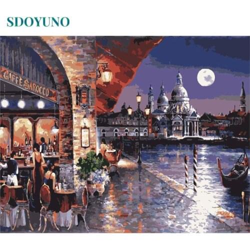 SDOYUNO 60x75cm Paint By Numbers Night Restaurant DIY Painting By Numbers On Canvas Landscape Frameless Digital Hand Painting