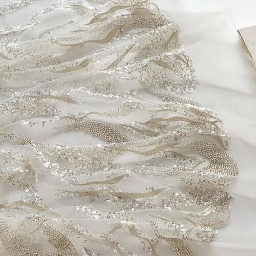 Ivory-white Wedding Dress Lace Fabric soft Mesh Sequins Beaded Heavy Embroidered Lace Fabric DIY Material Width 130cm 1yard