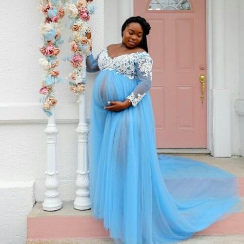 Lace Tulle Maternity Gown for Photo Shoot Chic Kimono Pregnant Party Sleepwear Baby Shower Dress Women Bathrobe Nightgown Robe