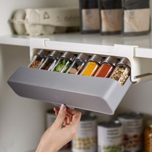 Spice Organizer Self-adhesive Wall-mounted Spice Bottle Storage Rack Under-Shelf Seasoning Organizer Kitchen Storage Supplies