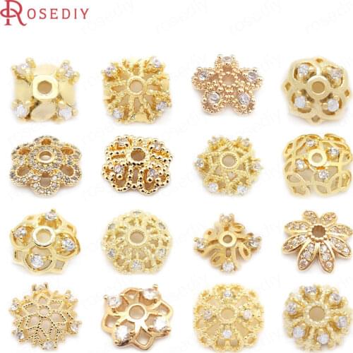 10PCS 10MM 12MM 24K Champagne Gold Color Brass and Zircon Flower Beads Caps Jewelry Making Supplies Diy Findings Accessories