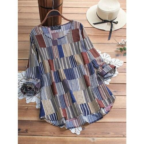 Summer Casual Loose Long Sleeve O-Neck Tops Blouse Ladies Boho Printed Plus Size Top