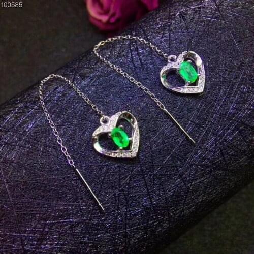 Love Heart Style Natural emerald earring Free shipping Real original emerald 925 sterling silver Gem 3*5mm 2pcs
