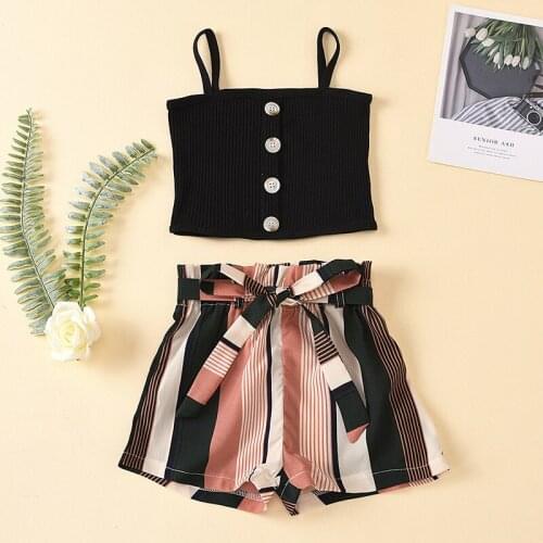 2021 Fashion Girls Clothing Set Summer Solid Camisole T-Shirt + Vertical Bow Pants 2 Pcs Suit For Girl Toddler Kids Clothes