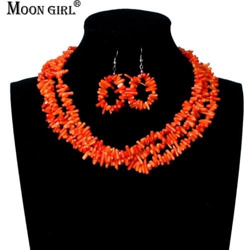 MOON GIRL Design Real Coral Beads Chain Fashion African beads jewelry set Womens Party Wedding Necklace & Earring Jewelry Sets