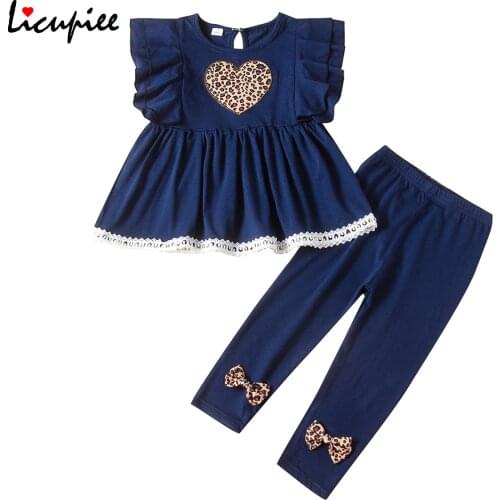 2-7 Years Valentines Day Sweet Toddler Baby Girls Cloth Love Leopard Short Sleeve Tops Dress Trousers Cotton Outfits Clothes
