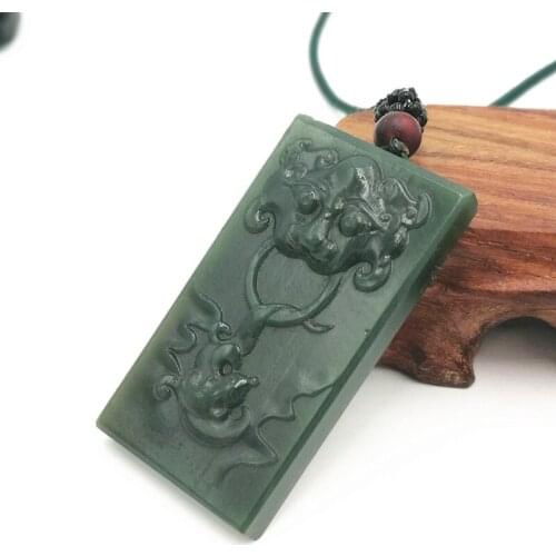 Natural Green HETIAN Nephrite Stone Pendant Carved Patron Saint God Beast Pendant Necklace Mens Stone Jades Jewelry Free Rope