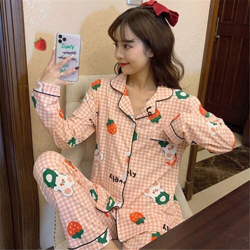 Pyjamas Female Cotton Sleepwear Long Sleeve Thin Set Women ComfortableHome Clothes NightsuitAutumn Pajamas
