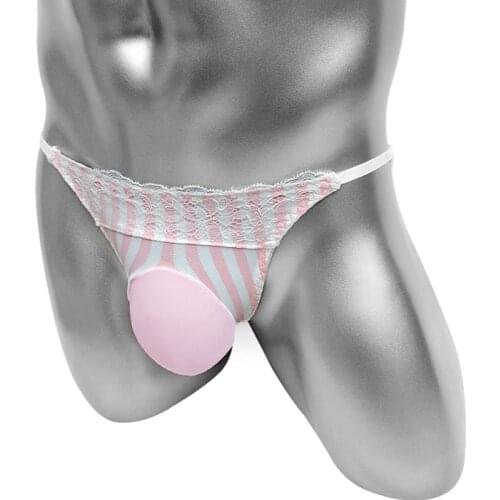 Pink Striped Mens Briefs Underwear High Cutting Lace Penis Pouch Softy Sissy Sexy Lingerie Panties Funny Cute Fashion Low Rise