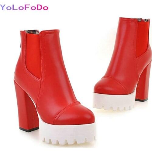 Plus Size 34-43 Women Ankle Boots Platform Square High Heel Short Boots Fashion Round Toe Zipper Ladies Boots Black Red White