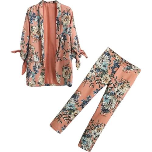 Set female 2019 spring new style temperament fashion flower print suit jacket + straight trousers casual pants elegant two-piece