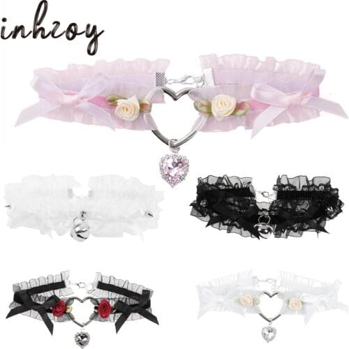 Womens Adjustable Lace Choker with Bell Sweet Cute Gothic Choker Necklaces Collar Girls Detachable Cosplay Party Jewelry