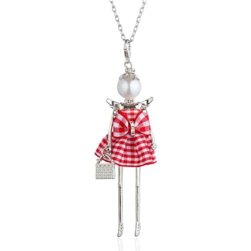 Pearl Head Pink Plaid Bowtie Short Dress Dancing Girl Pendant Necklace Handmade Statement Jewelry For Women Girls Collier Femme