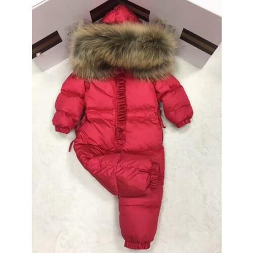 2018 Winter baby girl down coat Baby clothes print outerwear Fur Hooded childrens Snowsuit down coats Child jumpsuit romper