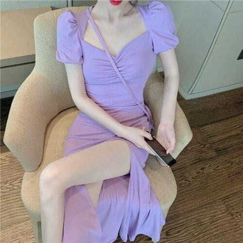 Bella New Women Japan Korean Style Elegant Casual Summer Sexy Split Dress Vintage Female French Puff Sleeve Midi Party Vestidos