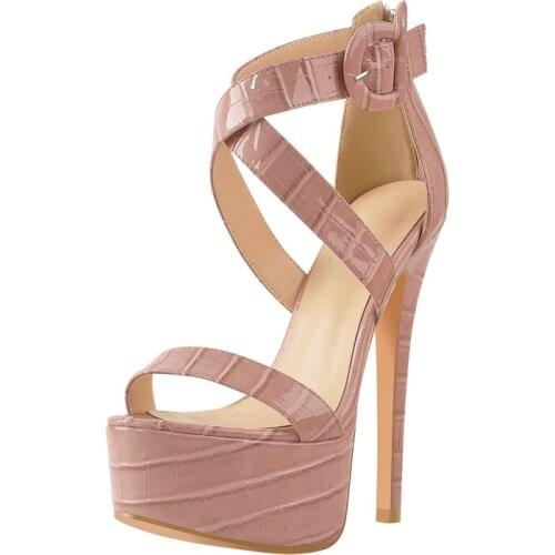 Richealnana Pink White Yellow Round Toe Sandals Ankle Criss Cross Strap Platform High Heel with Buckle Fashion Texture