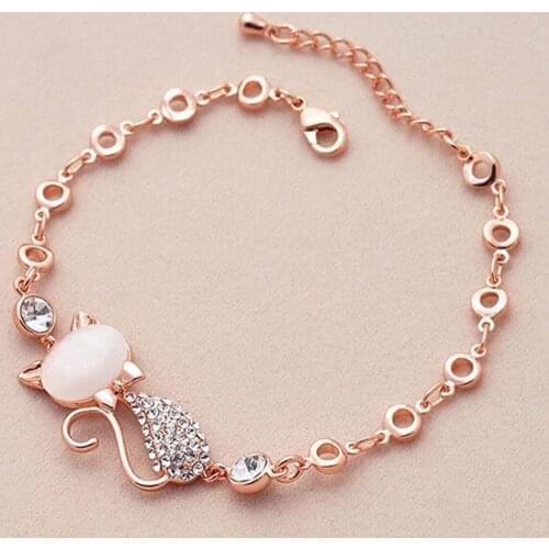 Fashion Rose Gold Alloy Lovely Cat Bracelets For Women Adjustable Elegant Opal Cat Crystal Rhinestone Bangle Bracelet Jewelry