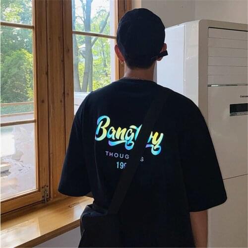 100% Cotton Black Reflective T Shirt Streetwear Men Funny Korean Harajuku Tshirt Summer High Street Short Sleeve Gothic Tops