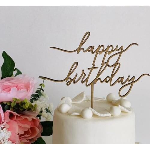 Wooden Happy Birthday Cake Topper Acrylic Gold Mirror, Hand writing Happy Birthday Cake Topper Party Decorations Lovely Gifts