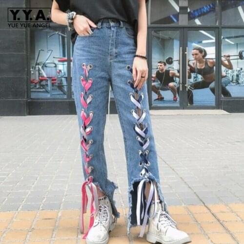 Girls Personality Lace Up Loose Casual Denim Jeans Hole Ripped High Streetwear Fashion Designer Women Trousers Mid Waist Pants