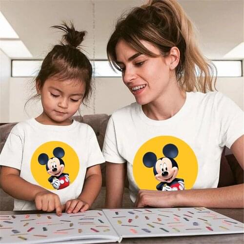 Cartoon Family T Shirts Summer Short Sleeve White Round Neck Family Matching Clothes Unisex Mickey Mouse Disney Printed Kids Top