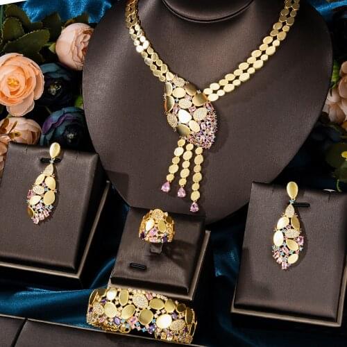 KellyBola Luxury Bridal Wedding Zircon Necklace Bracelet Earring Ring 4PCS Womens Fashion High Quality Jewelry Set 2021 New