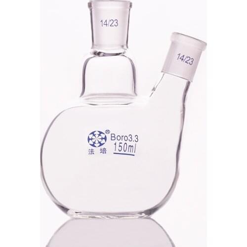 Two-necked flask oblique shape,with two necks standard grinding mouth,Capacity 150ml 14/23,Two-necked flat bottom flask