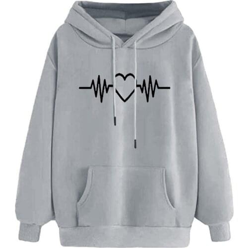 Korean Heartbeat Print Hoodies Sweatshirt Casual Loose Leisure Round Neck Pullover Winter Pockets Drawstring Hoody Sudaderas Top