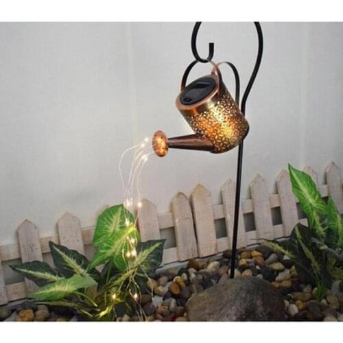 Wrought Iron Hollow Out Lamp Metal Solar Powered Watering Can Kettle Sprinkles Fairy LED Lights String Garden Lawn Decor