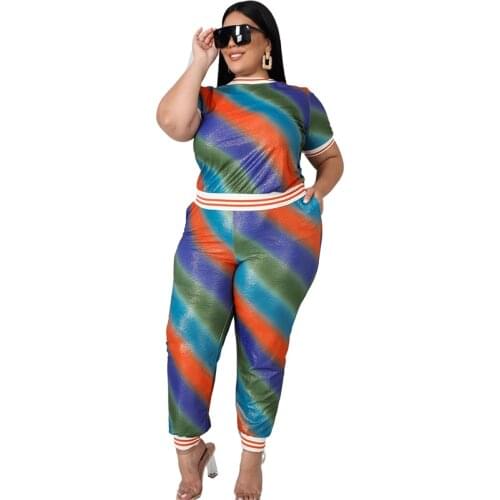Summer Two Piece Set Women O Neck Short Sleeve Crop Top Long Pants Set Office Plus Size Clothing Outfits Wholesale Dropshipping