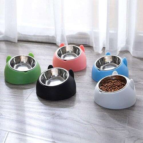 Cat Dog Bowl 15 Degrees Tilted Stainless Steel Cat Bowl Safeguard Neck Puppy Cats Feeder Non-slip Crashworthiness Basis Pet Bowl