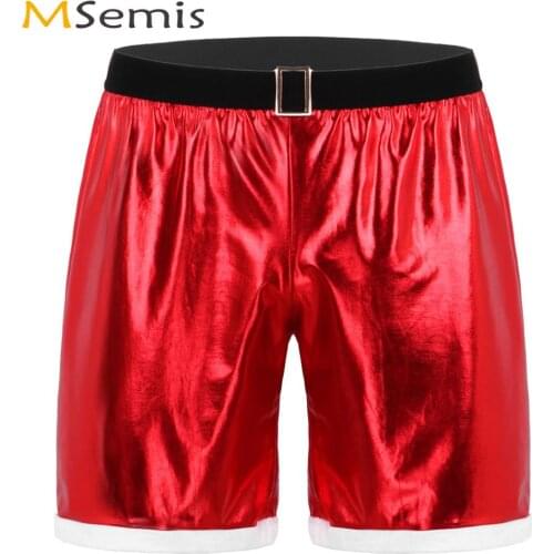 Mens Wetlook Metallic Christmas Santa Claus Shorts Mid Rise Loose Half Pants Clubwear Xmas Fancy Dress Boxer Short Hombre Trunks