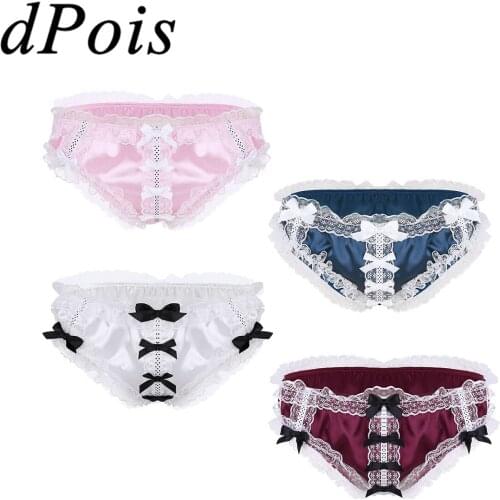 Male Underwear Men Sexy Shiny Satin Sissy Knickers Briefs Men Low Waist Thong G string Jockstrap Pouch Lace Bow arranged Panties