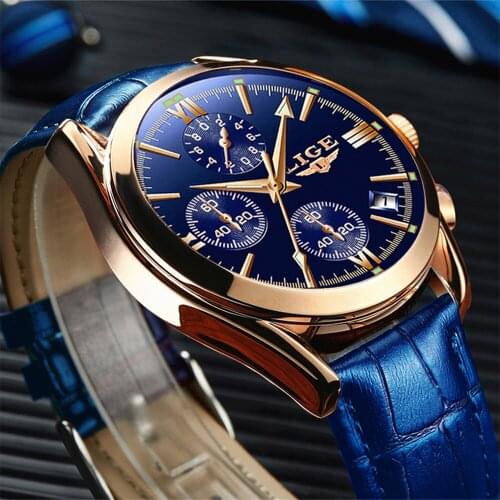 2020 New LIGE Blue Casual Leather Fashion Quartz Gold Watch Mens Watches Top Brand Luxury Waterproof Clock Relogio Masculino+Box