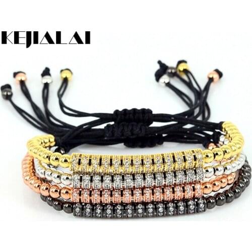 Bar Zircon Charm Braiding Bracelet Men Jewelry Micro Pave Clear Zircon Long Tube 4mm Rose Gold Beads Macrame Bracelet