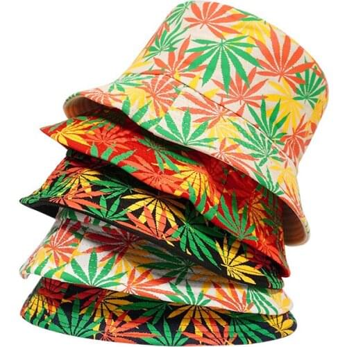 Fashion Women Men Cotton Fishing Hat Hip Hop Cap Maple Leaf Panama Bucket Hat Female Weed Sun Flat Top Fisherman Hats Caps