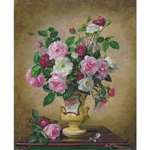 Rose vase pink white cross stitch package big bloom 18ct 14ct 11ct cloth cotton thread embroidery DIY handmade needlework