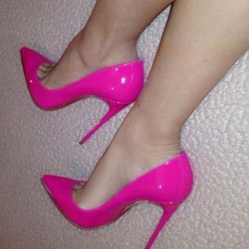 Rose Patent Leater Female Heels Bride Shoes Sexy Pointed Toe High Heels Pumps 12cm Dress Shoes Patchwork Stiletto Heel Plus Size