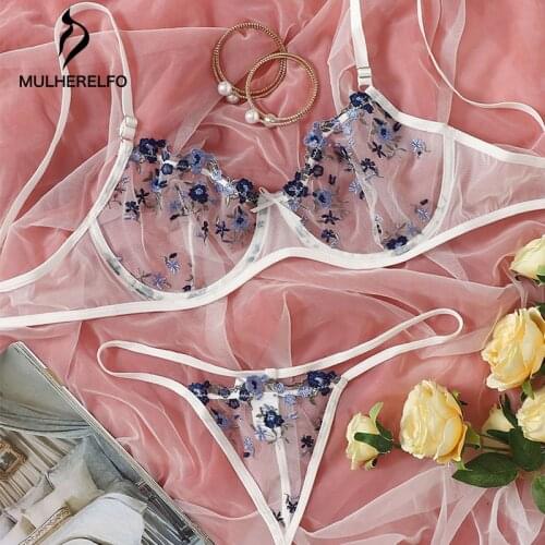 Sexy Floral Embroidery Lingerie Women Exotic Patchwork Underwear Underwire Bra Brief Set Lace Thin Bralette Female Underwear Set