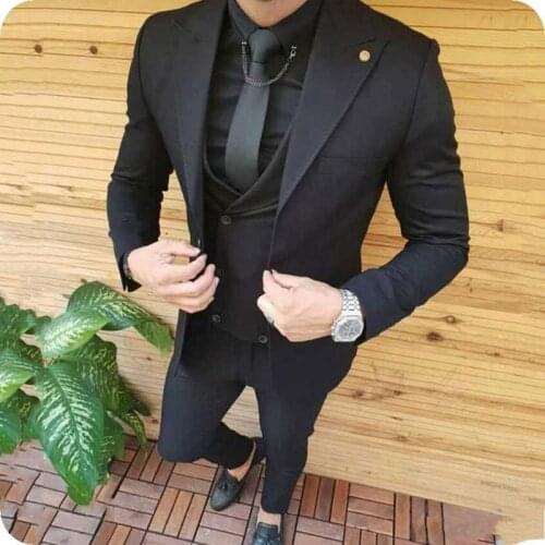 Stylish Design One Button Black Groom Tuxedos Groomsmen Peak Lapel Mens Suits Blazers (Jacket+Pants+Vest+Tie) W:1131
