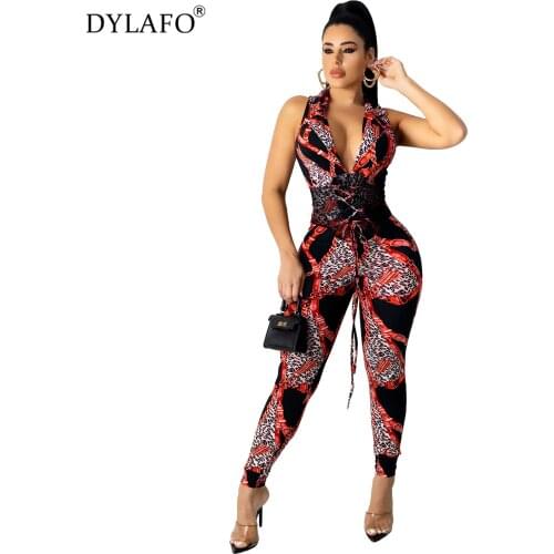 Stylish V Neck Printed Spandex Rompers Women Sexy Summer Bandage Waist Lace Up Straps Pencil Leg Pants Slim Jumpsuit Outfits