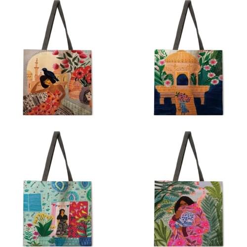 Love the art of life painting printing tote bag shoulder bag linen leisure tote bag foldable shopping bag reusable beach bag