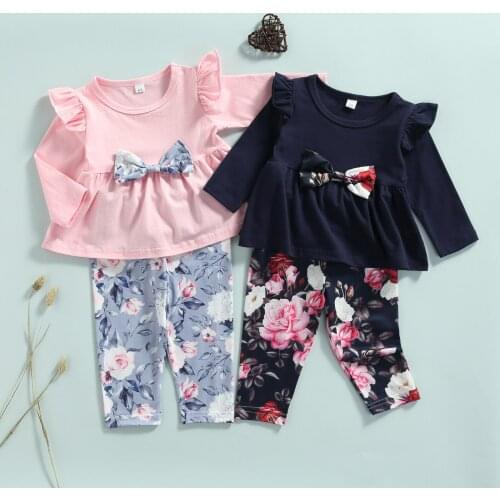 Spring Autumn Tracksuit Baby Girls Clothes Fashion Ruffle Solid Color Bow Long Sleeve T shirt and Flower Legging Pants Set
