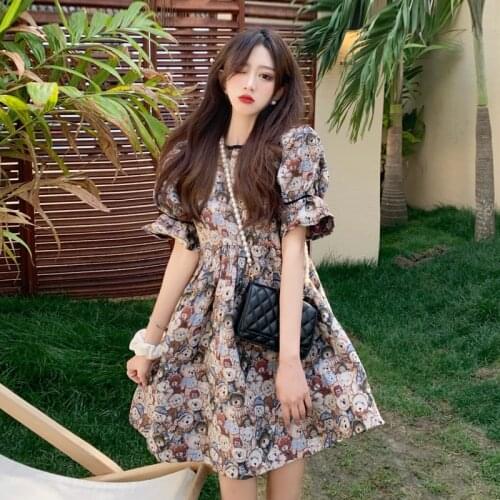 Sannian Bear Jacquard Puff Sleeve Dress Womens Summer 2021 New Design Sense Niche Popular Dress Girls Clothes