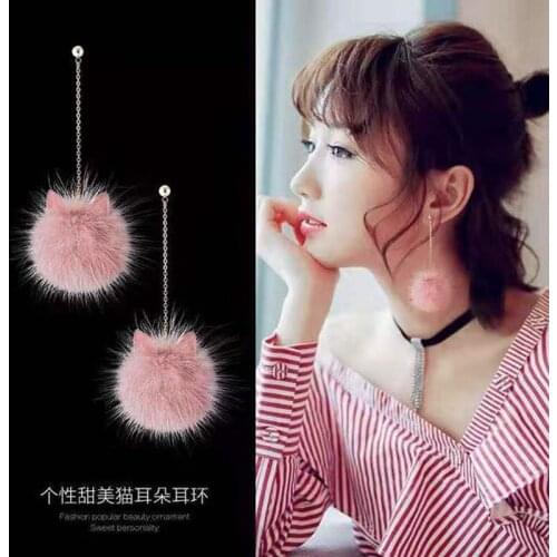 2020 New Ear Line Autumn and Winter Cat Ears Mink Hair Ball Earrings Super Fairy Temperament Long Female Earrings