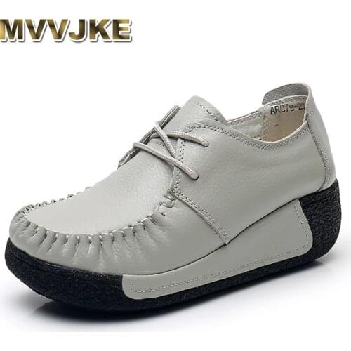 MVVJKE Women Flats Comfortable Loafers Shoes Woman Genuine Leather Lace-up Sneakers Women Fashion Black Soft Casual Shoes Female