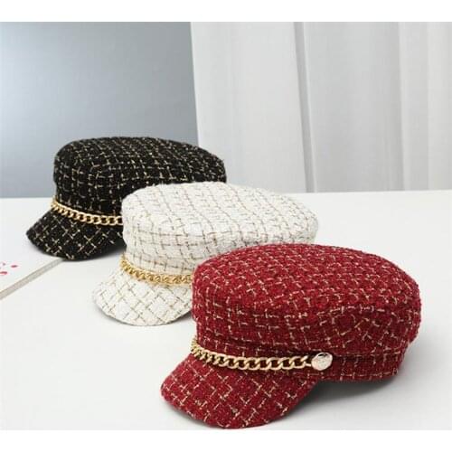 Women Hats Tweed Plaid Newsboy Caps Chain Flat Top Visor Cap Vintage Plaid Militar Cap Fashion Autumn Spring Hat