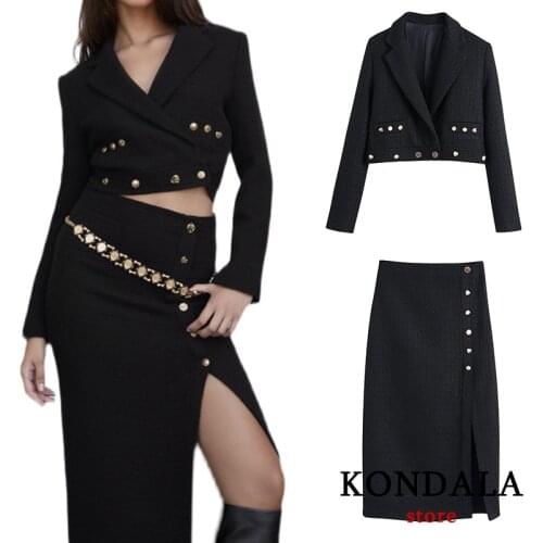 KONDALA Za 2021 Streetwear Chic Black V Neck Short Blazer Women Long Sleeve Pockets Button Casual Jackets Female Elegant Outwear