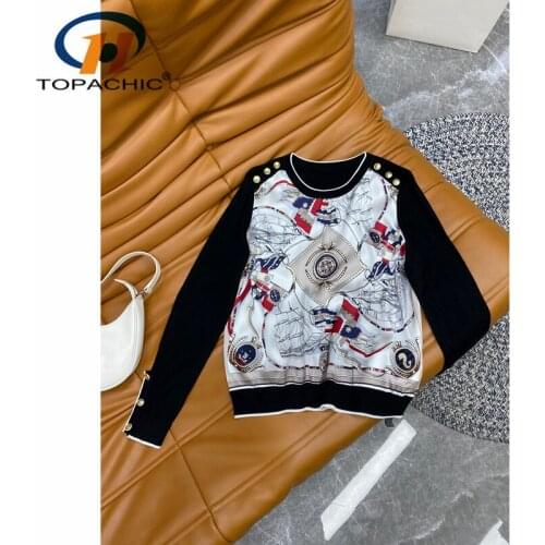 9.7 High End Autumn New O-Neck Wool Knit Spliced Silk Print Loose Sweater Pullover Women