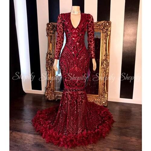 Long Mermaid Prom Dresses 2020 Elegant V-neck Burgundy Feather and Sequin African Black Girl Prom Dress